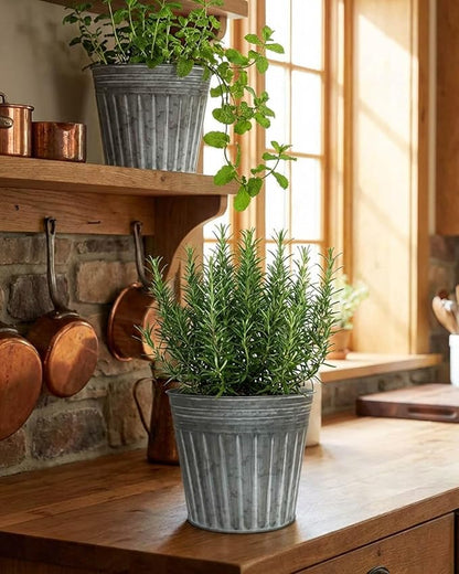 vensovo 8 Inches Silver Metal Rustic Plant Pots - 4 Pcs Large Galvanized Planters with Drain Hole and Rubber Plug, Rustproof Tin Bucket Flowerpot for Indoor Plants Farmhouse Vintage Style for Decor