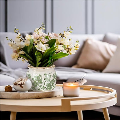 4.7" Small Ceramic Plant Pot Beige Green Vintage Floral Crackle Glaze Rustic Flowers Pot Decorative Planter with Drainage for Indoor Outdoor Plants Home Kitchen Office Decor Gift