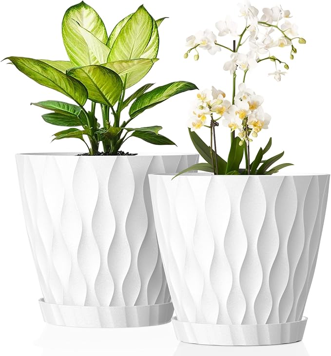 8 Inch Plant Pots, 2 Pack Plastic Planters for Indoor Outdoor with Drainage Holes & Saucers, Waffle Texture Flower Pots for Indoor Plants, Indoor Plant Pots for Monstera, Fiddle Leaf Fig, White