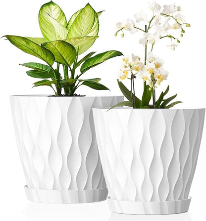 8 Inch Plant Pots, 2 Pack Plastic Planters for Indoor Outdoor with Drainage Holes & Saucers, Waffle Texture Flower Pots for Indoor Plants, Indoor Plant Pots for Monstera, Fiddle Leaf Fig, White