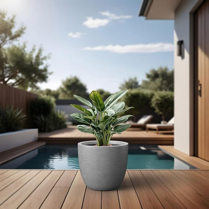 Kante Round Concrete Planter, Large Outdoor Indoor Garden Pots with Drainage Hole, 14-Inch Diameter Flower Pots for Patio, Garden and Home, Gray
