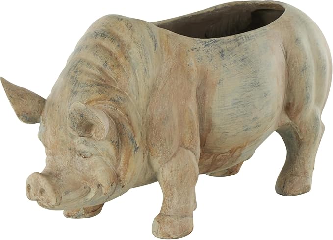 Deco 79 Resin Pig Indoor Outdoor Planter Small Planter Pot with Distressed Details, Planter 16" x 7" x 8", Beige