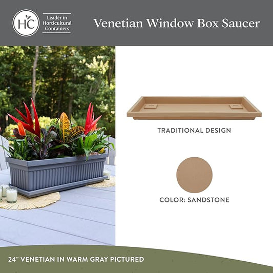 The HC Companies 23.5 Inch Venetian Rectangular Plant Saucer, Lightweight UV-Resistant Plastic Outdoor & Indoor Flower Pot Tray, 2-Pack Plant Pot Trays for Garden & Home Decor, Sandstone