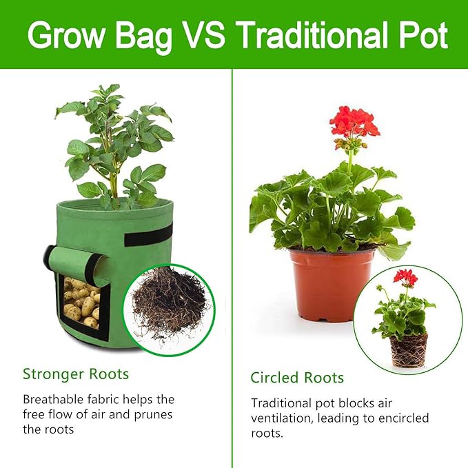 10 Gallon Potato Grow Bags, 2 Pack Planter Bags Breathable Non-Woven Fabric Grow Pot Garden Heavy Duty Plant growing Bags with Handles and Access Window Green