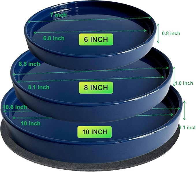 Ceramic Plant Saucer Pot Tray 6, 8, 10 Inch Blue, Planter Saucers for Indoors Outdoor, Durable Sturdy Flower Drainage drip Water Tray for Glazed Pots Base