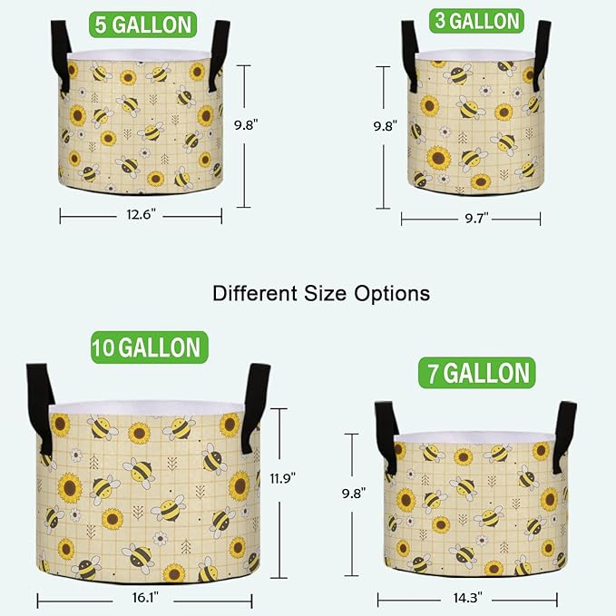 10 Gallon Cartoon Sunflwoers Bee Plaid Heavy Duty Grow Bag Breathable Planter Pot Containers with Handles for Potato Tomato Fruits Vegetables Flowers