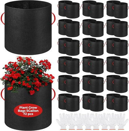 72 Pack 5 Gallon Plant Grow Bags Fabric Pots Bulk Aeration Heavy Duty Nonwoven Fabric Plant Pots with Handles Thick Vegetable Grow Nursery Buckets for Gardening Plants Flowers Fruits Vegetables Potato