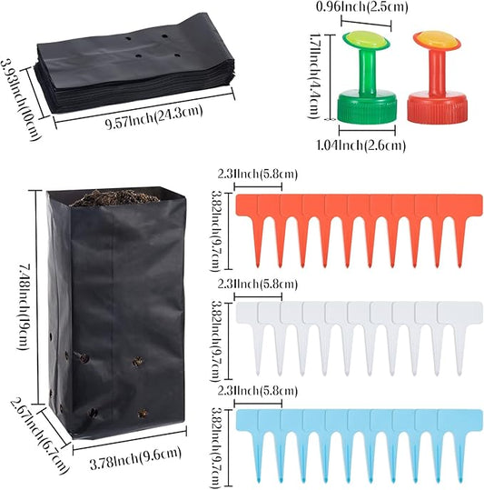 100 Pcs Nursery Growing Bags Seedling Starter Bags with 30 Plant Labels & 2 Mini Watering Sprinklers,Plant Grow Bags Plants Pots Plastic Pouches for Garden Trees,Flowers, Vegetable(7.5x3.8x2.6 Inch)