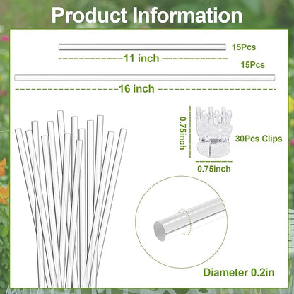 Mwellewm 30 Pcs Plant Stakes Orchid Stakes 16Inch & 11Inch Clear Acrylic Plant Sticks Plastic Plant Support Stakes for Indoor Outdoor Garden with 30 Plant Clips for Potted Plants Vegetables Flowers