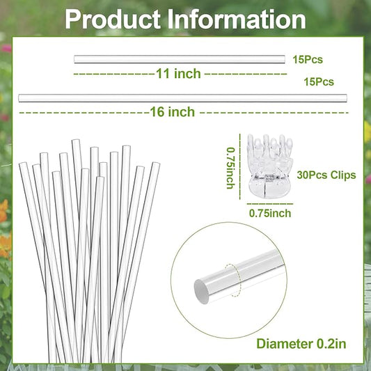 Mwellewm 30 Pcs Plant Stakes Orchid Stakes 16Inch & 11Inch Clear Acrylic Plant Sticks Plastic Plant Support Stakes for Indoor Outdoor Garden with 30 Plant Clips for Potted Plants Vegetables Flowers