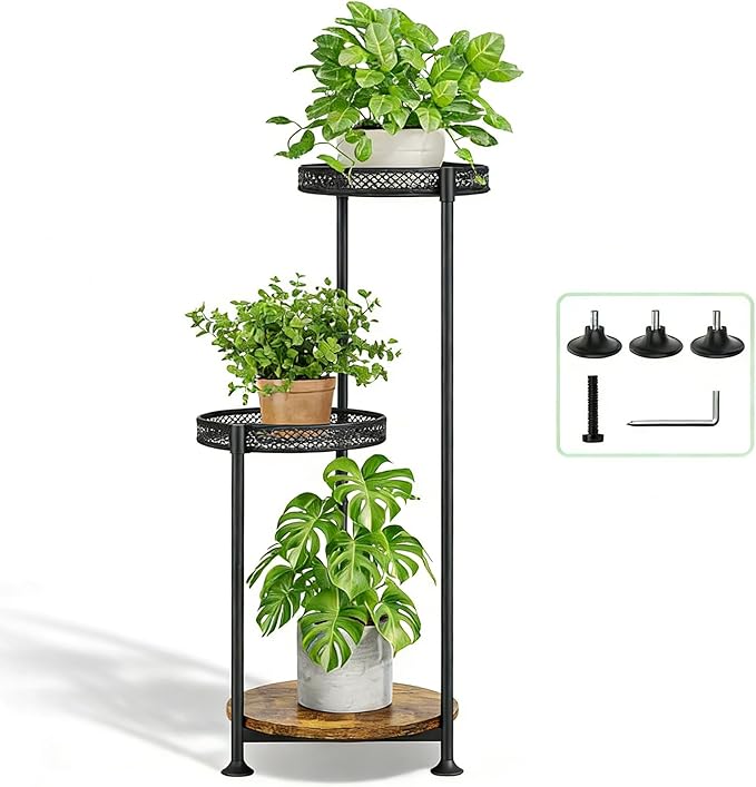 Plant Stand Indoor Outdoor,3 Tier Metal Wood Plant Stand for Multiple Plants,Black Tall Narrow Plants Display Organizer for Corner Living Room Porch Patio Garden Office
