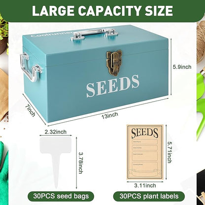 Coolrunner Wood Seed Saving Box, Seed Storage Organizer Case, Seed Packet Storage Organizer with Lock and 3 Handles, 30P Plant Labels, 30P Seeding Envelopes Bag (Blue)
