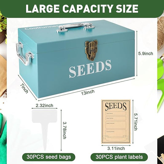 Coolrunner Wood Seed Saving Box, Seed Storage Organizer Case, Seed Packet Storage Organizer with Lock and 3 Handles, 30P Plant Labels, 30P Seeding Envelopes Bag (Blue)
