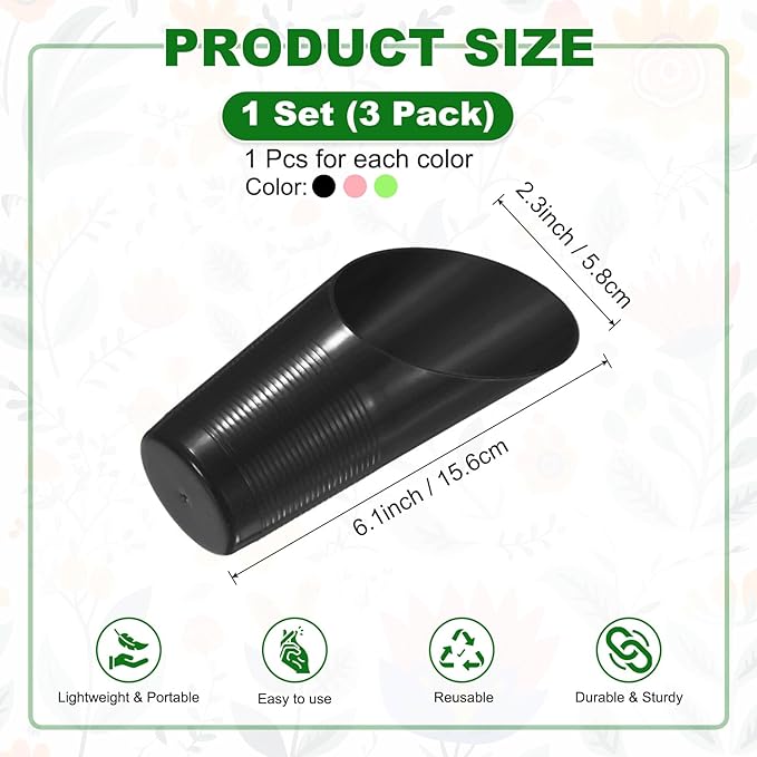 3-Pack Bonsai Soil Scoops, Plastic Garden Soil Scoops Bucket Shovel Potting Scoopers for Transplanting/Flower/Plant Succulent, Colorful Small Gardening Tools [Green, Pink, Black]
