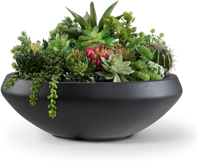 Concrete Bowl Planter, 19"Dia Large Succulent Pot with Drain Hole, Lotus Planter 16.7"Opening Flowerpot for Herbs, Bonsai, and Shallow-root Plants, Indoor & Outdoor Garden, Patio Decor, Medium-Black