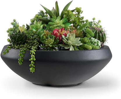 Concrete Bowl Planter, 19"Dia Large Succulent Pot with Drain Hole, Lotus Planter 16.7"Opening Flowerpot for Herbs, Bonsai, and Shallow-root Plants, Indoor & Outdoor Garden, Patio Decor, Medium-Black