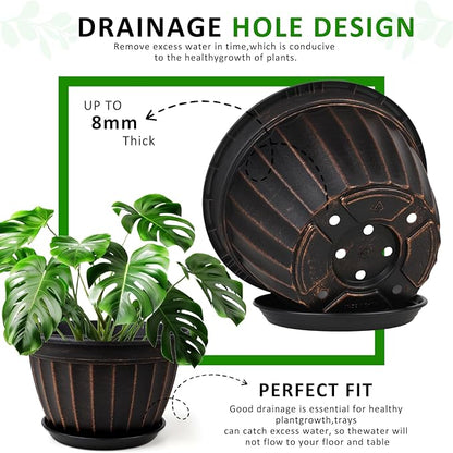 FGstyle 4 Pack Flower Pots,8 Inch Plants Pot,Planters Pot with Drainage Hole & Saucer,Modern Planters for Indoor Outdoor Plants,Decorative Resin Garden Pots for Outdoor Indoor Home Plants (Black)