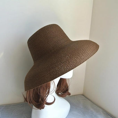 Wide-Brim Classic Elegant Style Foldable Straw Hat Women's Retro UV Resistant Sun Hats for Outdoor, Beach and Travel