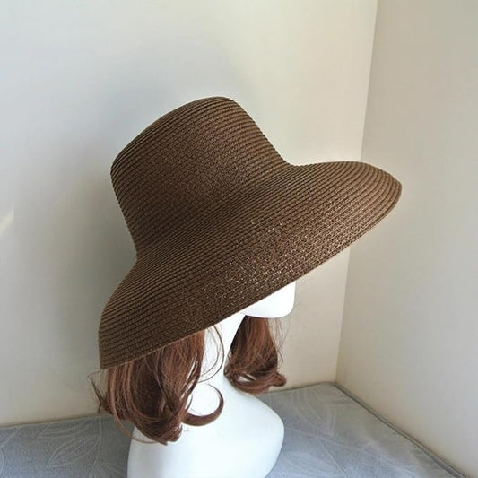 Wide-Brim Classic Elegant Style Foldable Straw Hat Women's Retro UV Resistant Sun Hats for Outdoor, Beach and Travel