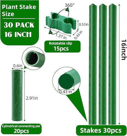 Garden Stakes 16 Inch 30 Pack, Diy 4ft 5ft 6ft 7ft 8ft Tomato Stakes Plastic Coated Metal Plant Sticks Stakes Supports with 20 Connectors 15 Rotatable Clips for Indoor Outdoor Plants Vegetable