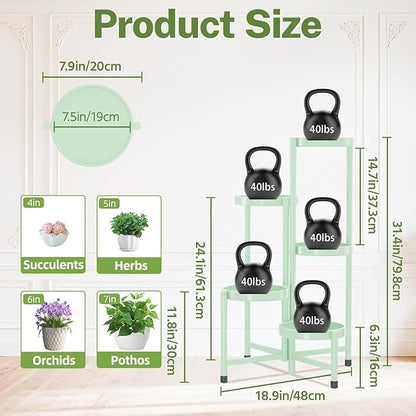 iDavosic.ly Plant Stand Indoor Outdoor, 5 Tier Corner Metal Flower Display Holder Shelf, Easy Assembly Folding Tall Orchid Rack for Patio Balcony Porch Garden Living Room House, Light Green