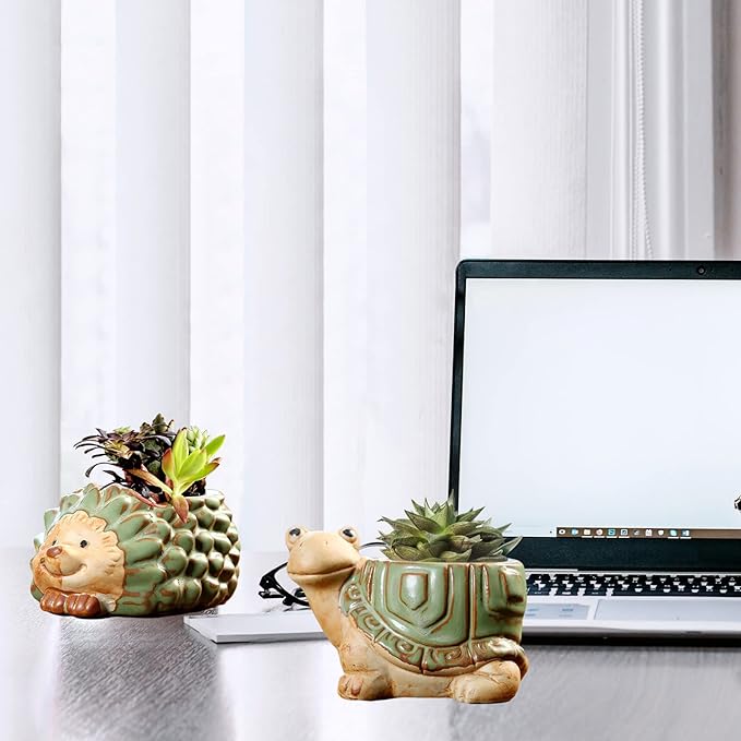 DIYOMR Small Ceramic Planter Pot, 4.3" Vintage Bronze Animal Planters Ceramic Flowerpot Succulent Pots Cactus Pot for Office Home Desktop Decor - Plants Not Included (Turtle Pot)