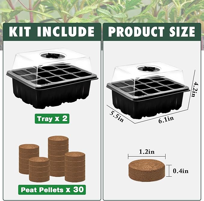 Zeedix 2 Set Seed Starter Tray Kits with Soil, 2 Pack Seed Trays with 30 Pack Coco Coir Pellets, Adjustable Humidity Germination Tray with Dome Lids for Indoor Plants, Greenhouse for Vegetables Garden