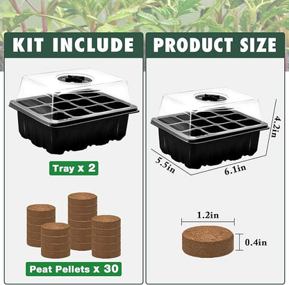 Zeedix 2 Set Seed Starter Tray Kits with Soil, 2 Pack Seed Trays with 30 Pack Coco Coir Pellets, Adjustable Humidity Germination Tray with Dome Lids for Indoor Plants, Greenhouse for Vegetables Garden