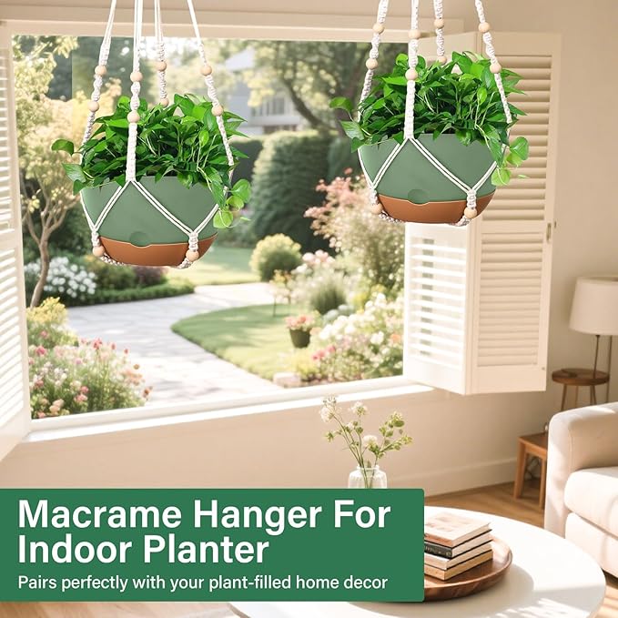Hanging Planters for Indoor Plants, 2 Pack 8 Inch Self Watering Hanging Pots for Plants with Drainage Holes, Indoor Outdoor Hanging Flower Pots for Home Garden Ceiling Decor (Green)