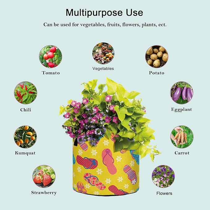 3/5/7/10 Gallon Summer Colors Flip-Flops Breathable Thickened Flower Grow Bag Heavy Duty Plant Pot Containers with Handles for Potato Tomato Fruits Vegetables