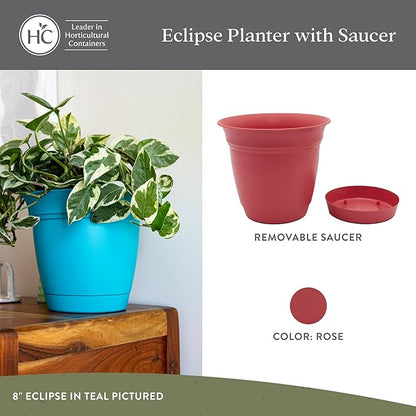 The HC Companies 20 Inch Eclipse Round Planter Pots with Drainage Holes & Attached Saucer, Lightweight UV-Resistant Plastic Indoor & Outdoor Planters, 2-Pack Flower Pots for Garden & Home Decor, Rose