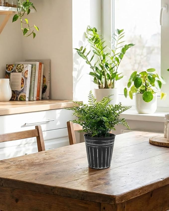 vensovo 5 Inch Black Metal Rustic Flower Pots - 6Pcs Medium Galvanized Planters with Drainage Hole and Rubber Plug, Rustproof Metal Bucket Plant Pots Farmhouse Vintage Style for Decor