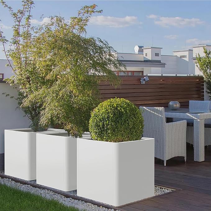 White Steel Square Planter 24" L x 24" W x 25" H,Cube Heavy Duty Flower Pot for Outdoor Plants with Drainage Holes,Metal Planter Box for Indoor and Outdoor All-Weather Use