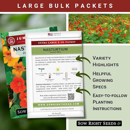 Sow Right Seeds - Bulk Jewel Mix Nasturtium Seeds for Planting - Non-GMO Heirloom Jumbo Pack - Versatile Nasturtiums Seeds for Containers & Borders - Easy-to-Grow Flowers - Ideal for Mass Planting