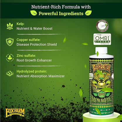 FoxFarm Bush Doctor Kelp Me Kelp You Seaweed Plant Food - 0.5-0-0.5 Liquid Kelp Fertilizer for Gardens, Hydroponic & Drip Irrigation Systems - Promotes Fast Nutrient Uptake & Plant Growth - 1 Quart