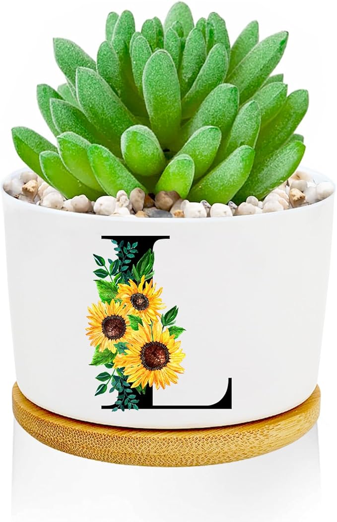 Sunflower Succulent Plant Pots 3 Inch Ceramic Cactus Flower Pots Personalized Initials L Sunflower Gifts for Women Mom Sister,Birthday Housewarming,Wedding,Window Garden Desk Decor