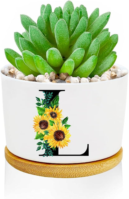 Sunflower Succulent Plant Pots 3 Inch Ceramic Cactus Flower Pots Personalized Initials L Sunflower Gifts for Women Mom Sister,Birthday Housewarming,Wedding,Window Garden Desk Decor