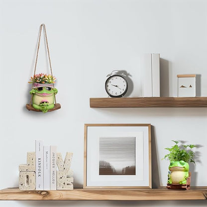 Swing Frog Hanging Planters for Indoor Plants, 6.3 Inch Hanging Baskets for Plants Outdoor, Small Succulent Pots with Drainage Hole, Resin Plant Hangers Outdoor for String Of Pearls, Gift for Mom