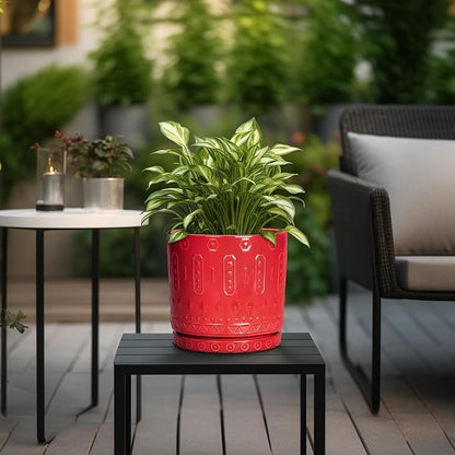 Ceramic Plant Pots, 8 Inch Plant Pots Indoor Outdoor, Round Flower Pot with Drainage Hole and Sacuer, Boho Pot for Plants, Decorative Planter, Home Room Bathroom Decor, Garden Gifts, Red