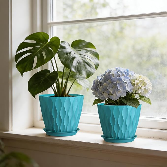 Plastic Plant 8 Inch, 4 Pack with Drainage Holes & Saucers, Water Wave Decorative Plant Pots for Indoor Outdoor Plants, Patio, Garden, Home Decor (4, Blue)
