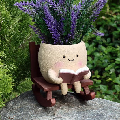Cute Face Planters Succulent Pots, Funny Rocking Chair Reading Head Flower Planter Cactus Pot with Drainage Hole for Indoor Outdoor Plants, Unique Plant Lover Gifts