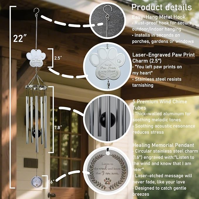 Paw Print Pet Memorial Wind Chime - Sympathy Gifts for Loss of a Dog or Cat, Bereavement Windchimes Outdoor in Memory of Beloved Pet,Pet Memorial Gifts with Keepsake Card