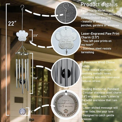 Paw Print Pet Memorial Wind Chime - Sympathy Gifts for Loss of a Dog or Cat, Bereavement Windchimes Outdoor in Memory of Beloved Pet,Pet Memorial Gifts with Keepsake Card