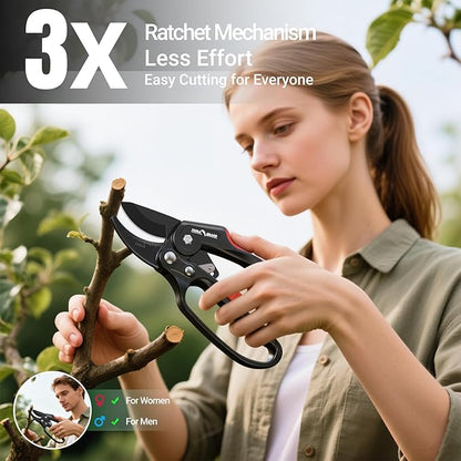 FLORA GUARD Ratchet Pruning Shears, Pruning Shears with Reinforced Structure, 3x Cutting Power, Sharp Gardening Scissors for Branches up to 7/8 in, Ideal for Weak Hands