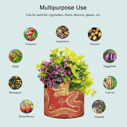 5 Gallon Chinese Dragon in Red Grow Bag Heavy Duty Thickened Plant Pot Containers with Handles for Potato Tomato Flowers Fruits Vegetables