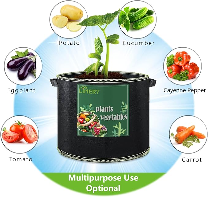 LINERY 15-Pack 10 Gallon Planting Grow Bag Black Heavy Duty Thickened Grow Bags Upgrade Hemming Process Grow Bag with Handles Non-Woven Fabric Plant Pots【15-10G】