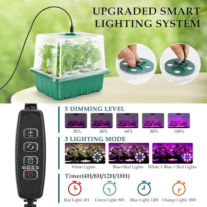 Seed Starter Tray with Grow Light, 60 Flexible Cells 5 PCS Seed Starter Kit, Reusable Seedling Starter Trays with Humidity Dome and High Lid, Germination Trays for Indoor Greenhouse Seed Starter