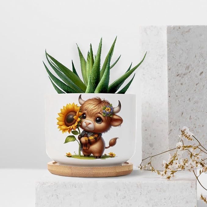 DreamAutumn Easter Highland Cow Planter Ceramic Round Plant Pots with Drainage Holes and Bamboo Tray Planting Small Flower Pots for Home Windowsill Desk Garden Indoor Outdoor Use