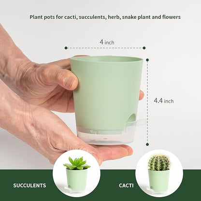 4 Inch 10 Pack Small Self Watering Pots for Indoor Plants, Nursery Pot with Drainage Holes and Saucers, Plastic Small Flower Planter for Succulent, Aloe, Cacti and More (Green)