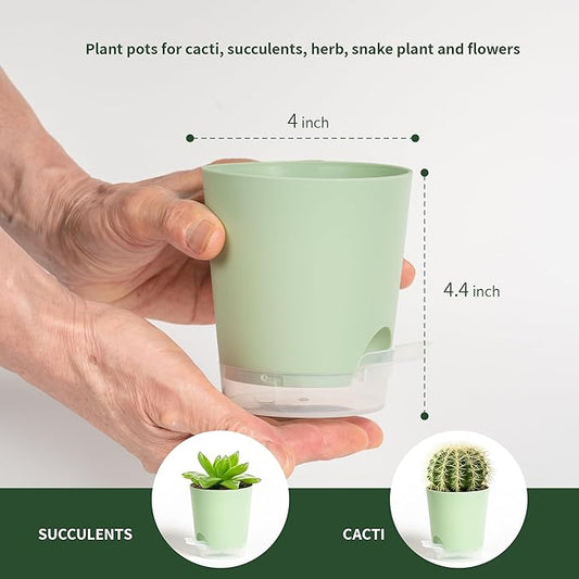 4 Inch 10 Pack Small Self Watering Pots for Indoor Plants, Nursery Pot with Drainage Holes and Saucers, Plastic Small Flower Planter for Succulent, Aloe, Cacti and More (Green)